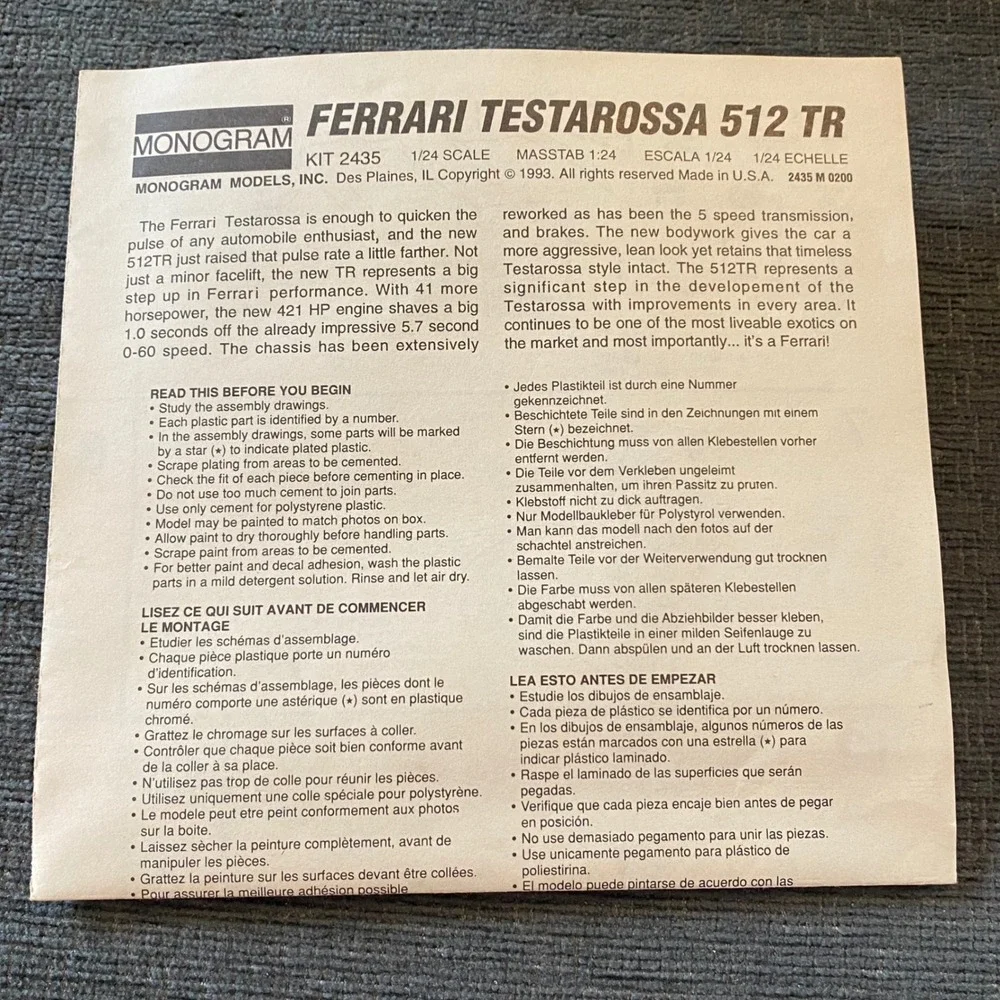 Monogram Ferrari Testarossa 512 TR Model Kit 1:24 Red Vintage